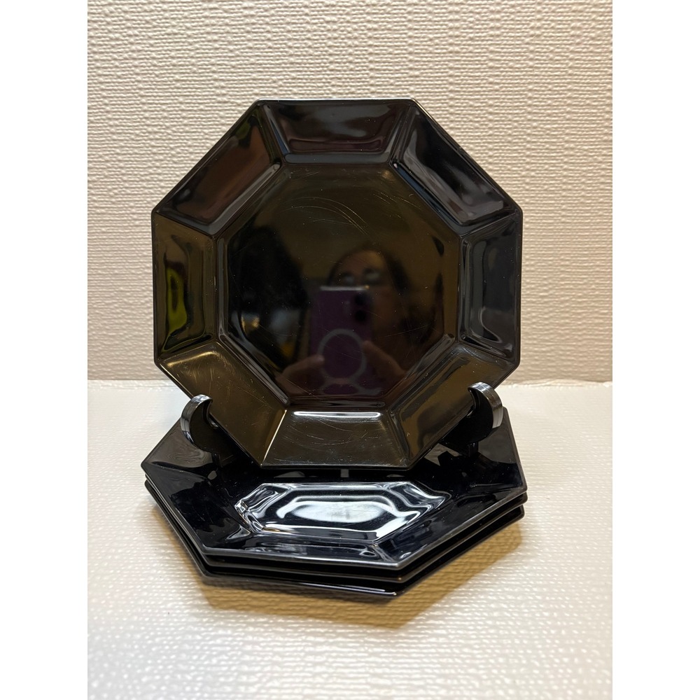 Set‎ of 4 Arcoroc France Octime Black Octagon Glass Salad Dessert Plates 7.5in